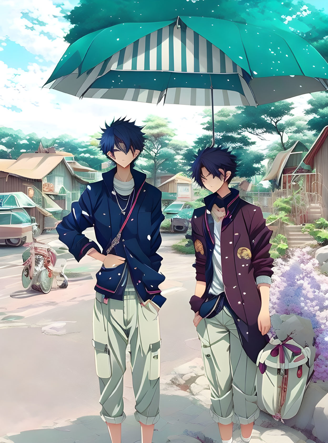 Two male characters under blue-striped umbrella on sunny street.