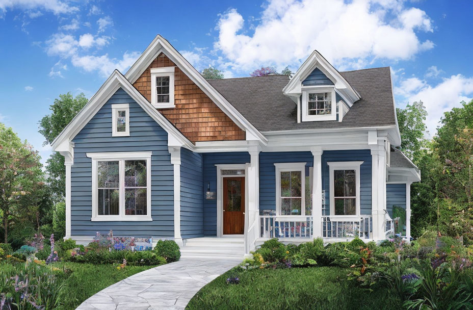 Blue single-story house with white trim and front porch in lush garden