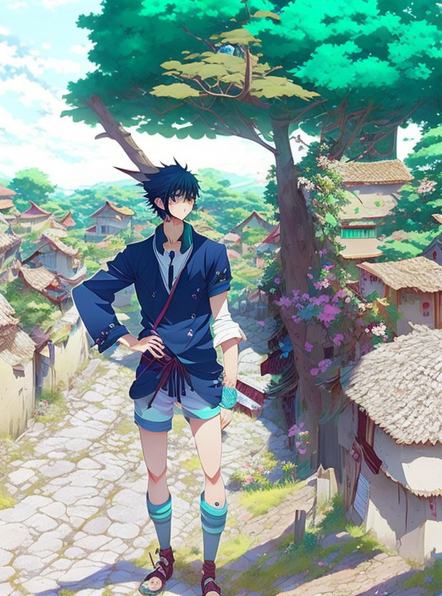 Male anime character in traditional street setting with lush greenery