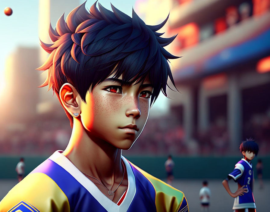 Young Male Athlete with Dark Spiked Hair in Sports Jersey in Stadium Setting