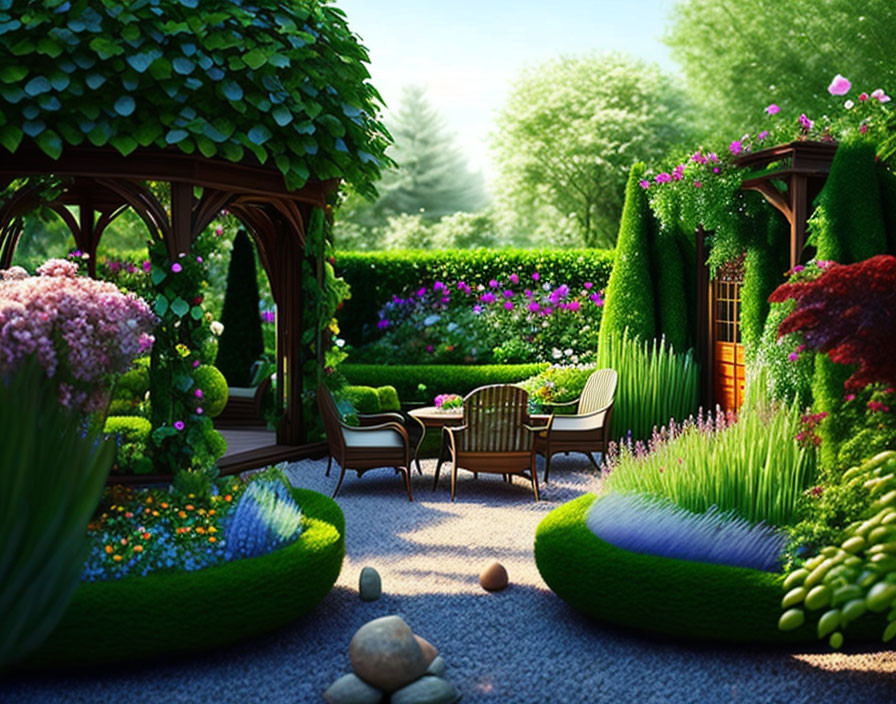 Manicured garden with vibrant flowers, wooden gazebo, and cozy sitting area