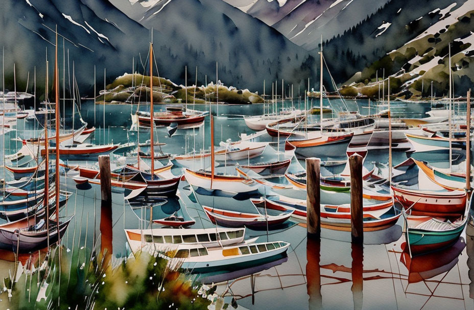 Boats in Calm Marina with Snow-Capped Mountains