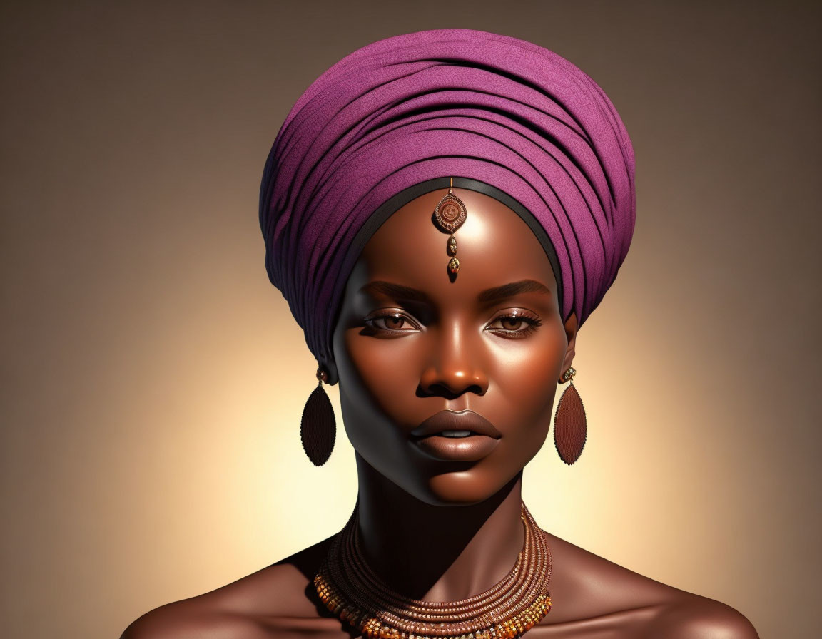 Dark-skinned woman in purple headwrap with teardrop earrings and necklaces