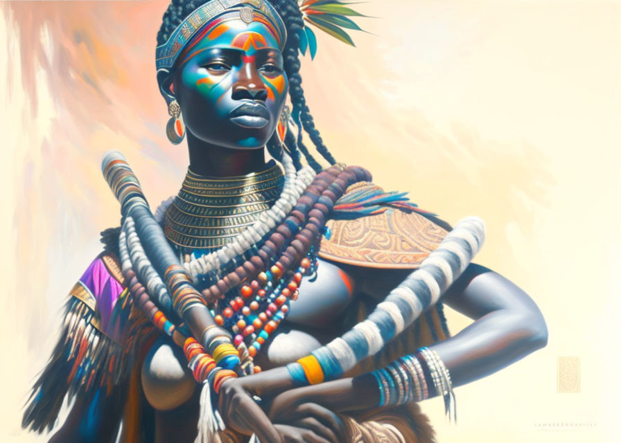 Traditional African jewelry adorns contemplative woman in colorful painting