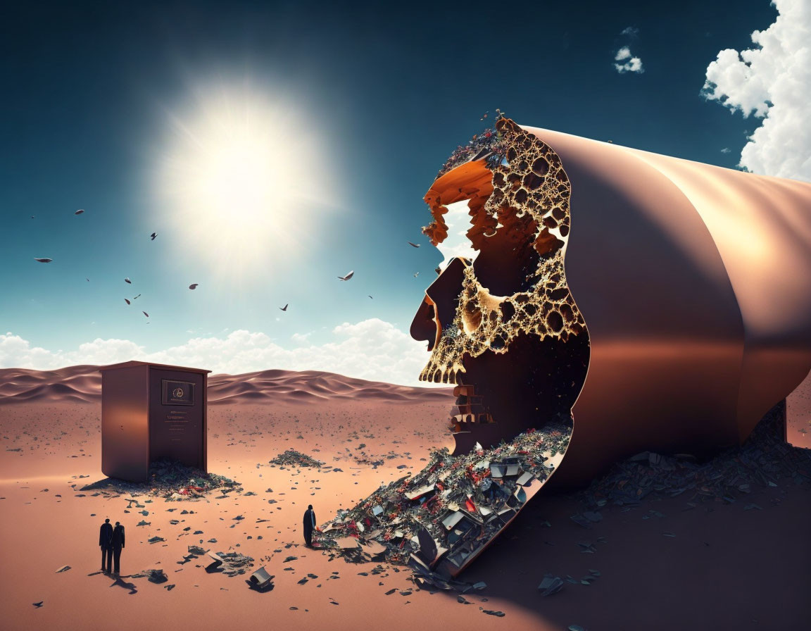 Surreal desert landscape with dismantled head statue, cube, and observers