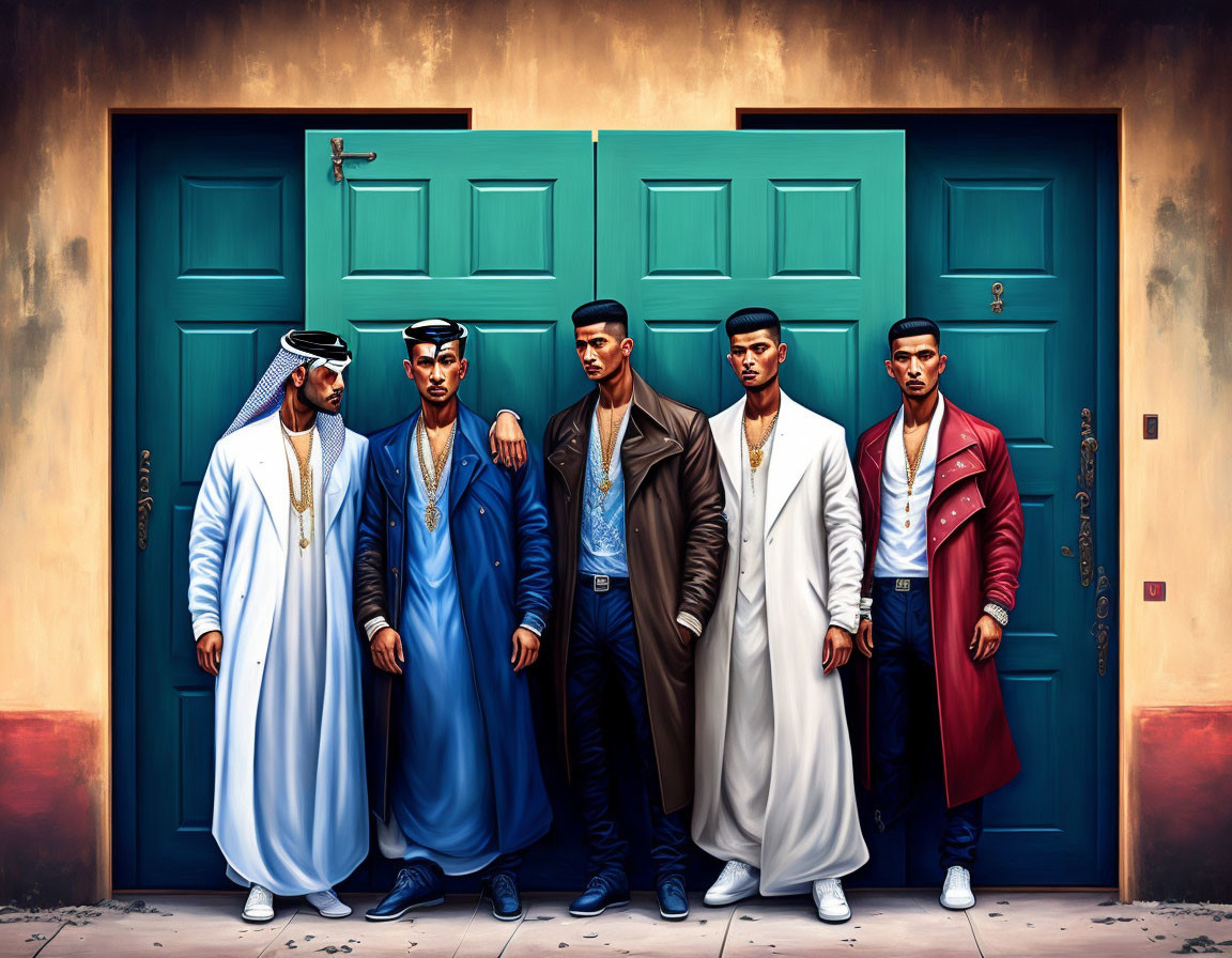 Five Men in Stylish Middle Eastern Attire by Teal Double Doors