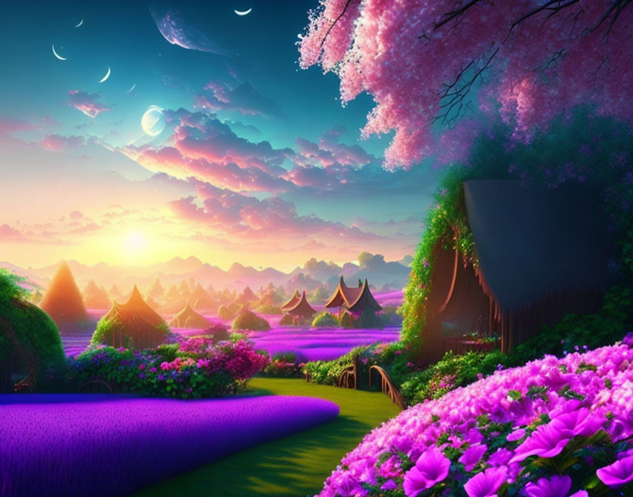 Fantasy landscape at twilight with pink and purple flowers, traditional huts, starry sky, cres