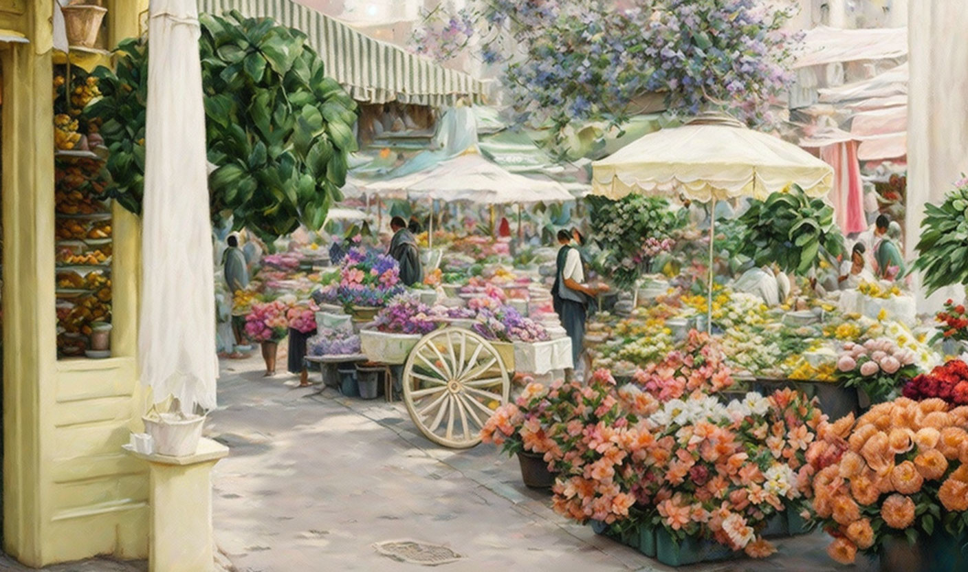 Colorful outdoor market scene with flowers, umbrellas, people, and greenery on a sunny day