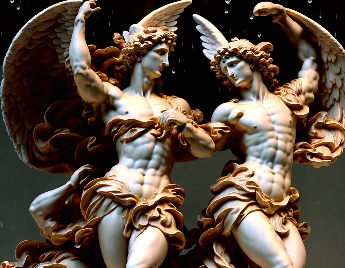 Detailed sculpture of two angels with expansive wings and muscular forms on dark background.