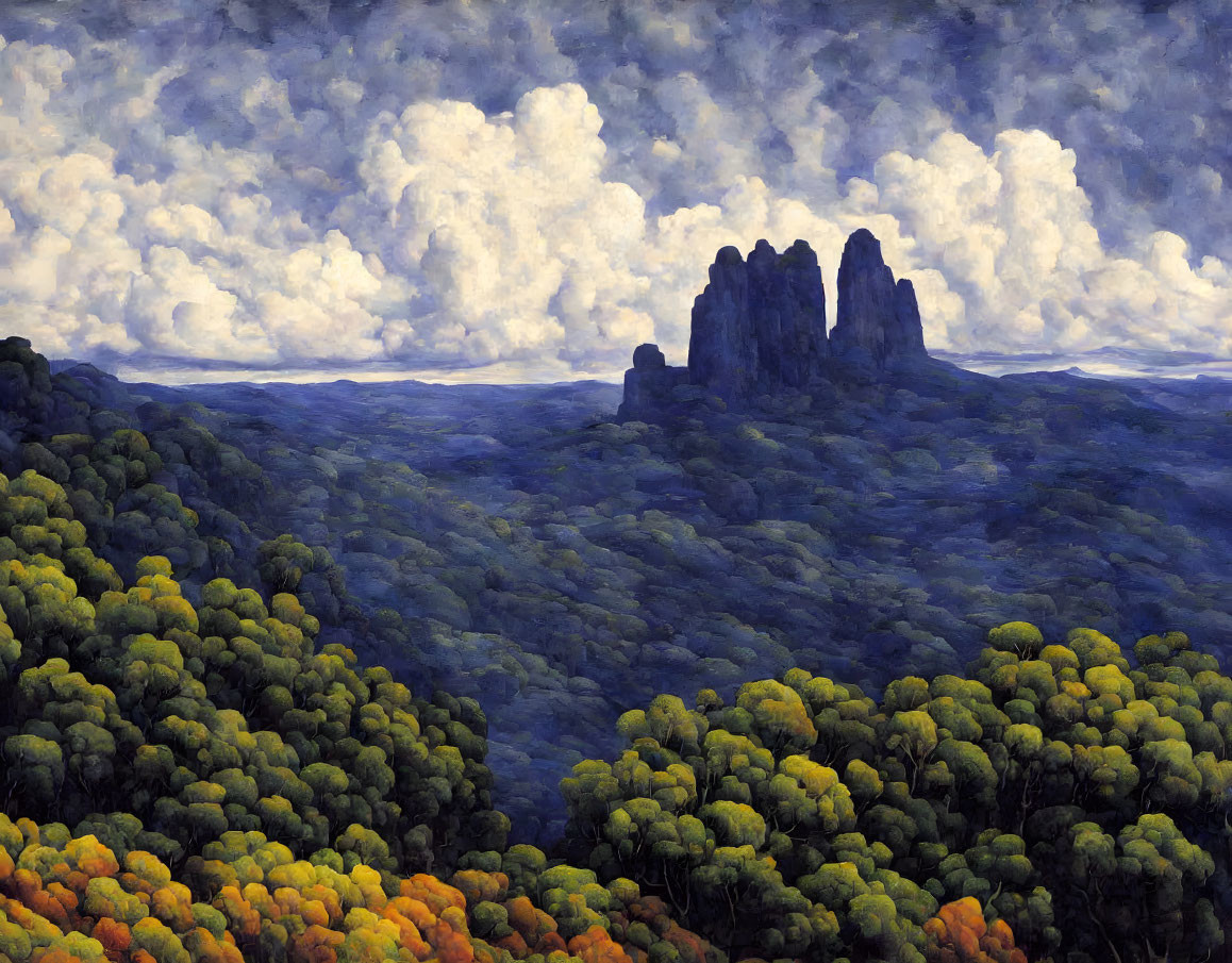 Forest landscape painting with warm foliage and rocky outcrop under cloudy sky