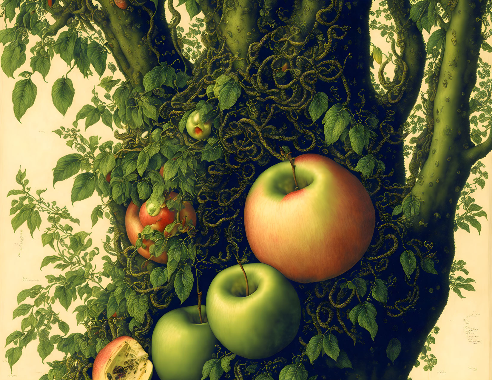 Detailed illustration of a tree with hyper-realistic apples, intertwined branches, and surreal, magical quality