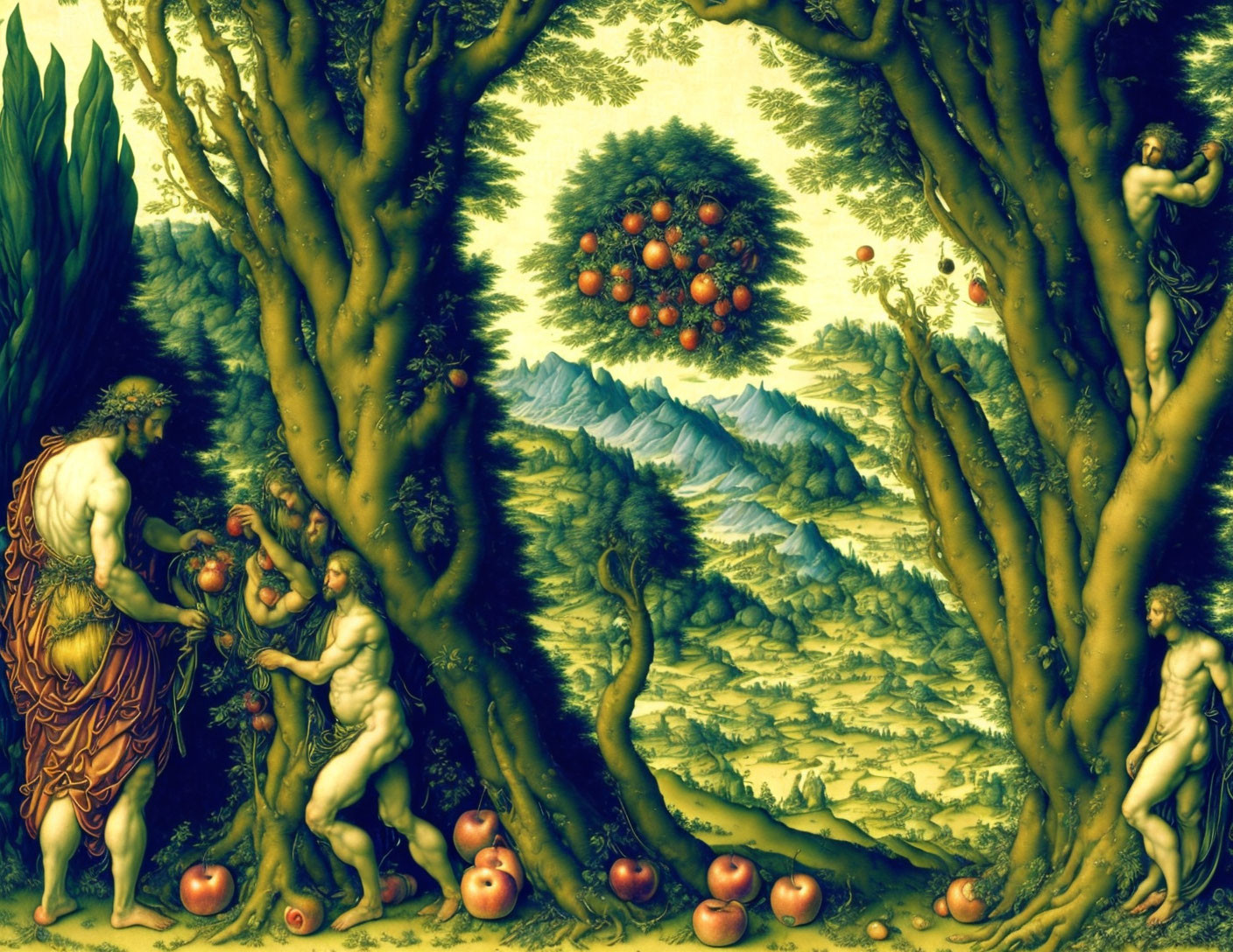 Renaissance painting of Adam and Eve in Garden of Eden with lush scenery