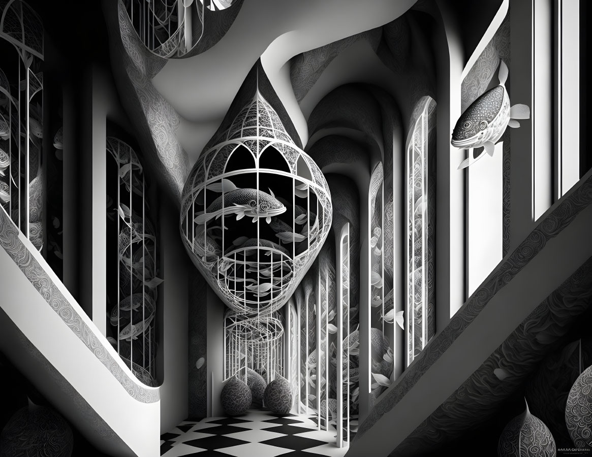 Surrealist black and white image of intricate interior with fish in spherical cage, ornate pillars,