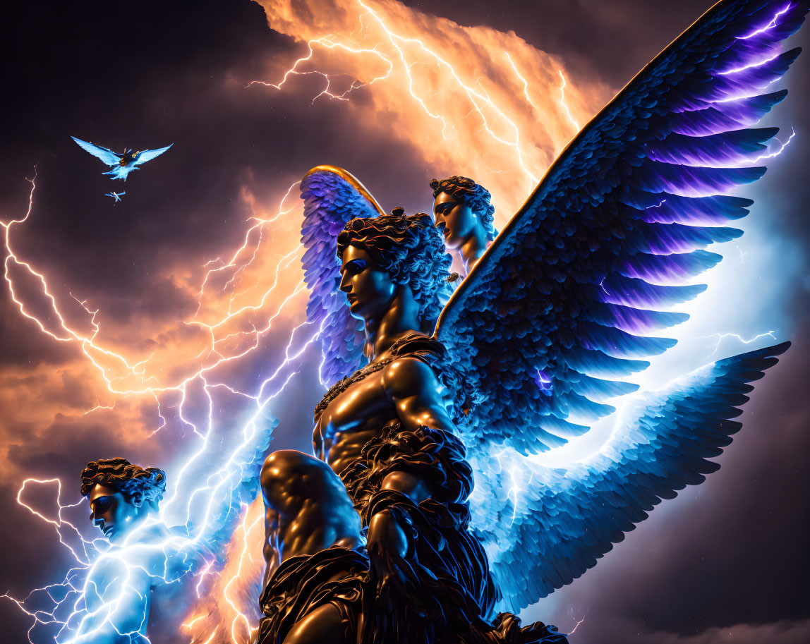 Three statuesque figures with dark angelic wings under dramatic lightning bolts.