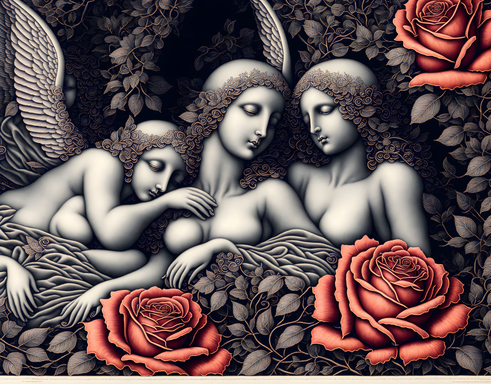 Monochromatic artwork of three winged figures with roses and foliage