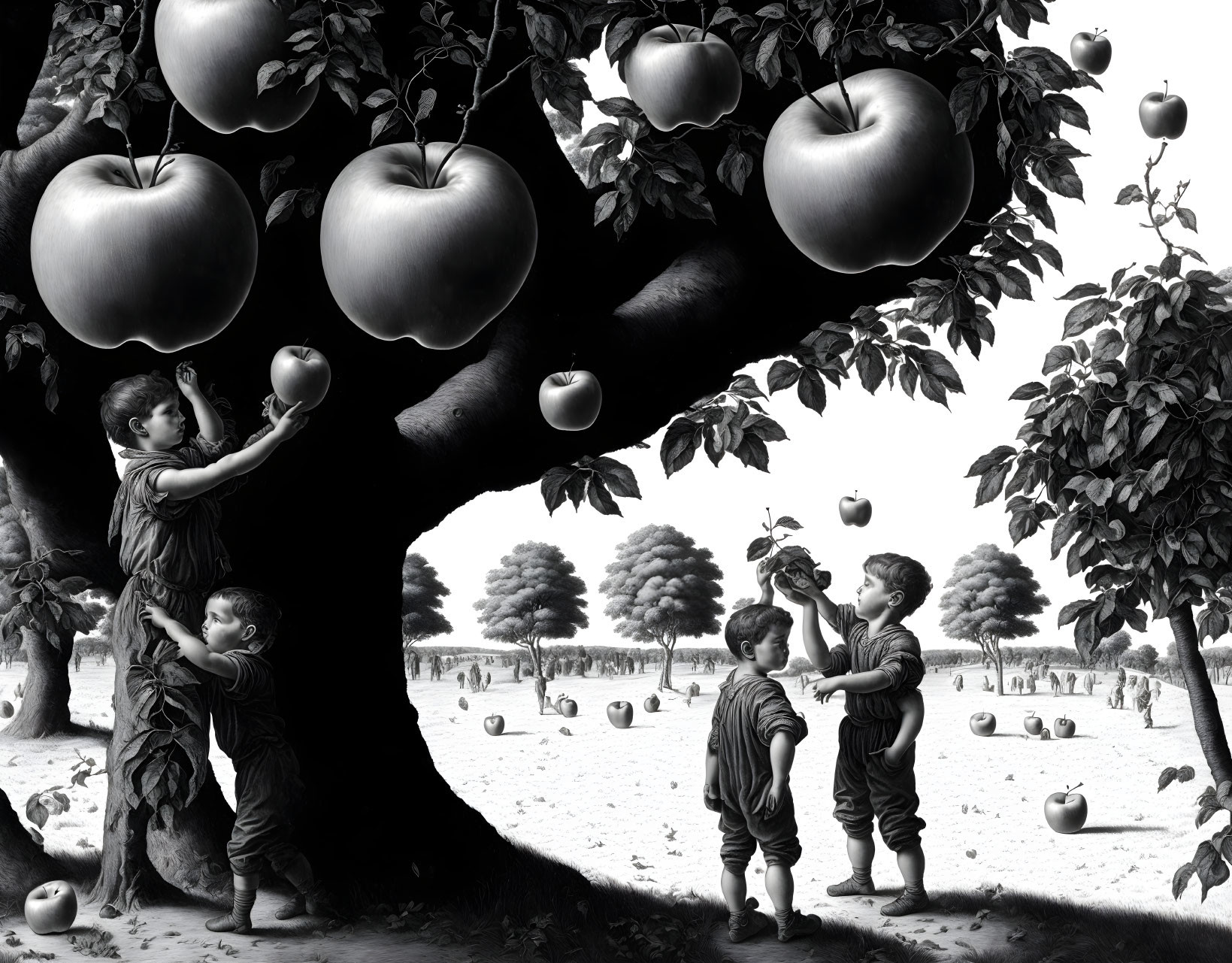 Monochromatic image of children playing with oversized apples in apple tree grove