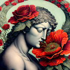 Grey-skinned person with roses in hair and red poppy, surrounded by ornate floral motif