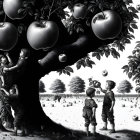 Monochromatic image of children playing with oversized apples in apple tree grove