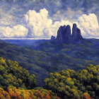 Forest landscape painting with warm foliage and rocky outcrop under cloudy sky