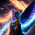 Three statuesque figures with dark angelic wings under dramatic lightning bolts.