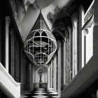 Surrealist black and white image of intricate interior with fish in spherical cage, ornate pillars,