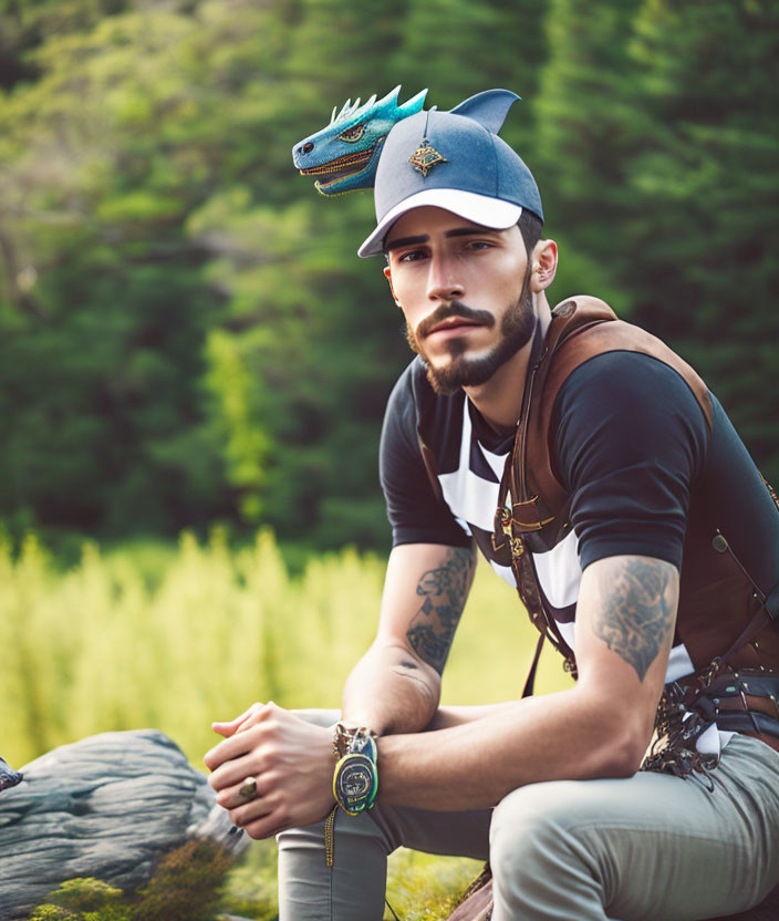 Tattooed man with dragon cap in forest setting