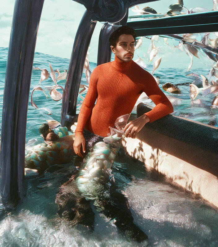 Person in Red Sweater Poses in Submerged Vehicle with Fish in Clear Blue Water