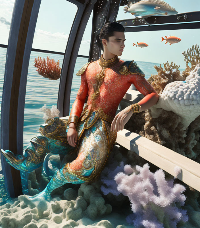 Mermaid tail person in ornate orange and gold outfit underwater.