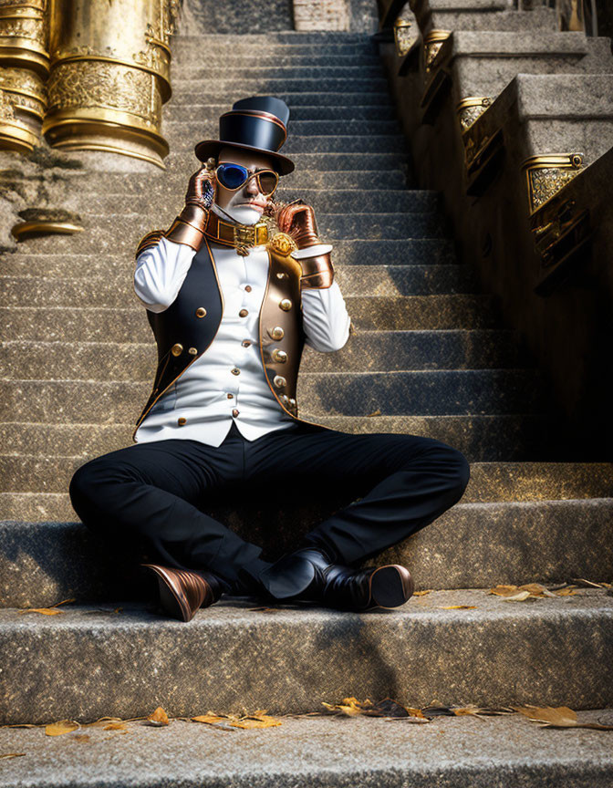 Steampunk-themed person in top hat and goggles sitting on stone steps with a pipe