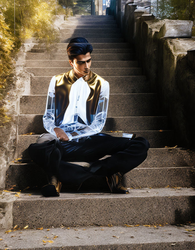 Fashionable man in unique semi-transparent white jacket on outdoor staircase