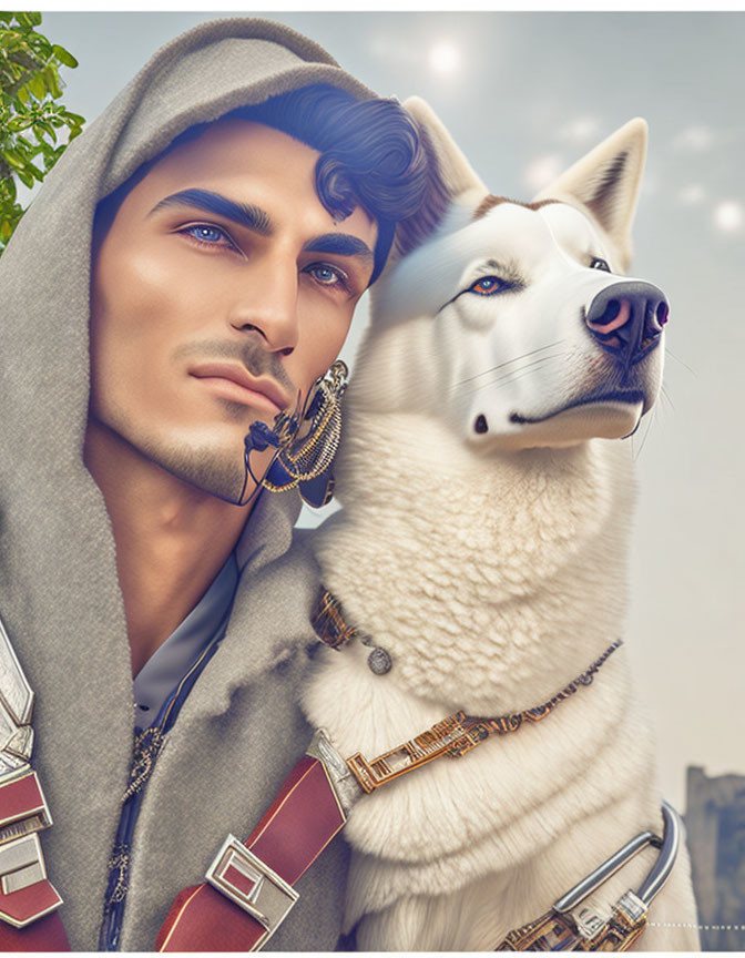 Digital artwork featuring man with blue eyes and hood beside white husky with studded collar.