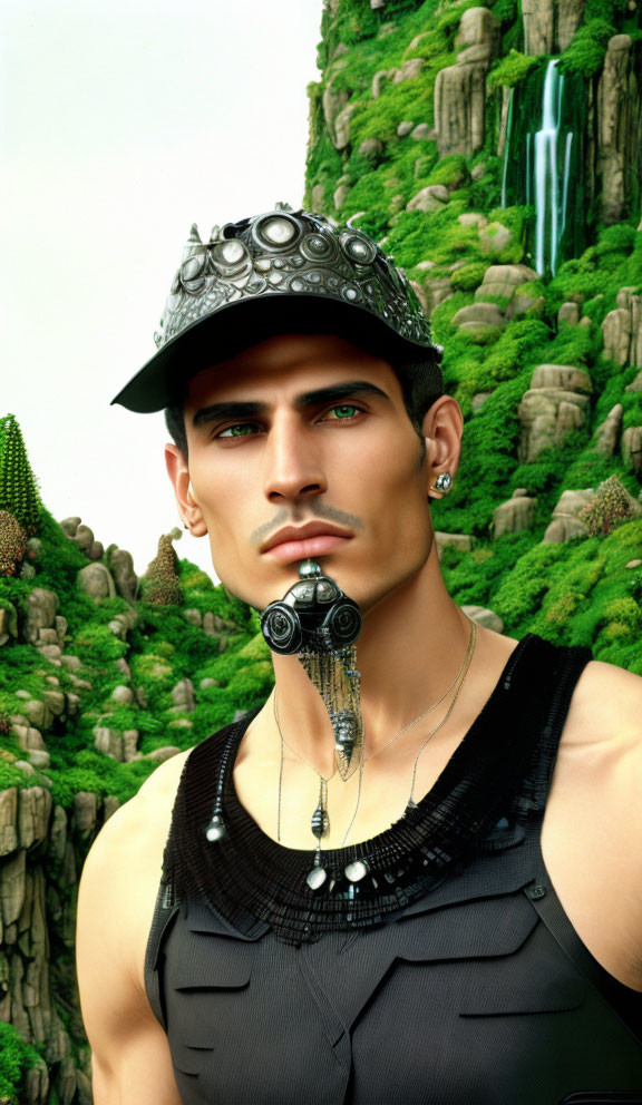 Man with Blue Eyes and Cybernetic Earpiece in Futuristic Helmet Amid Greenery and Waterfall