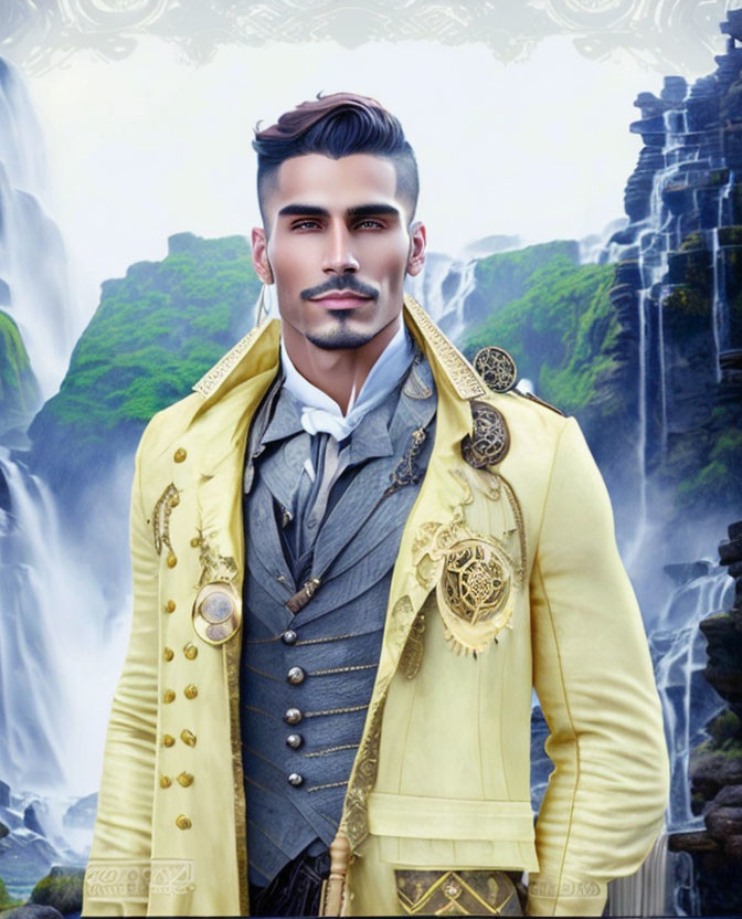 Digital portrait of a man with slicked-back hair, beard, and yellow coat against waterfall backdrop