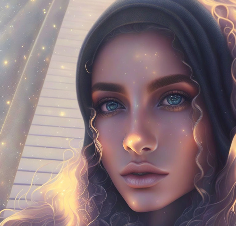 Digital illustration: Person with blue eyes, freckles, beanie, curly hair, sunlight,