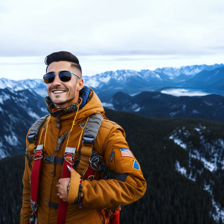 Smiling man in sunglasses and orange jacket against snowy mountains