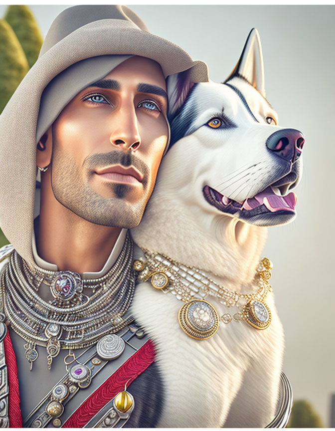 Man in hat with ornate jewelry posing with smiling Siberian Husky