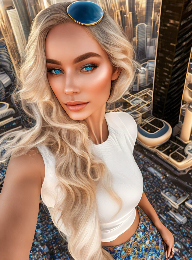 Blond woman in white top and sunglasses selfie with futuristic cityscape