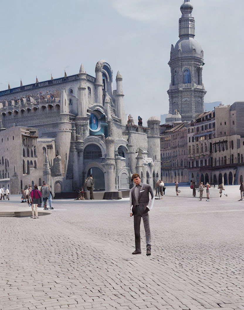 Businessman in suit on cobblestone plaza with futuristic cityscape.