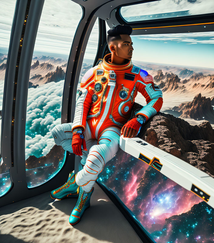 Futuristic orange spacesuit person in spacecraft observing mountain landscape