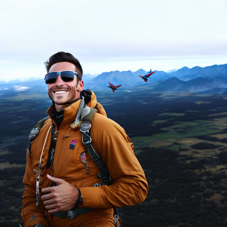 Smiling man in sunglasses and flight suit with mountain backdrop and aircraft.