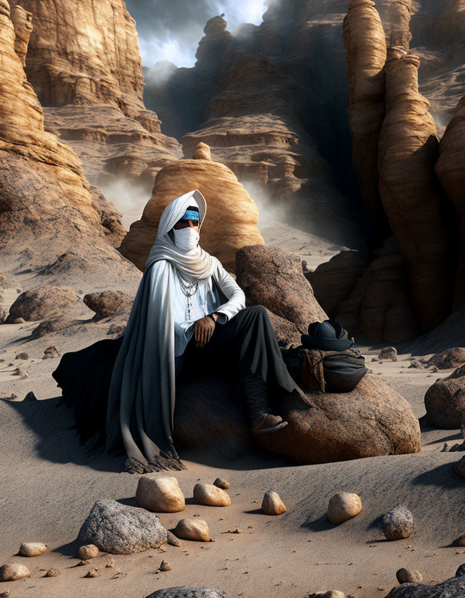 Person in white and blue turban sitting on rocky desert outcropping