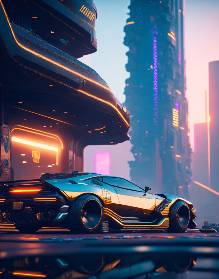 Sleek futuristic car in neon-lit cityscape at dusk