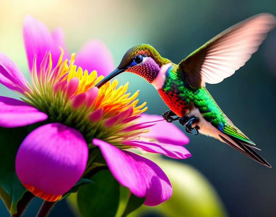 Colorful hummingbird near purple and yellow flower in motion