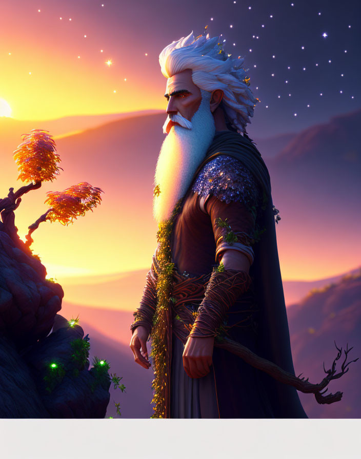 Bearded king with staff gazes into twilight on cliff under starry sky.