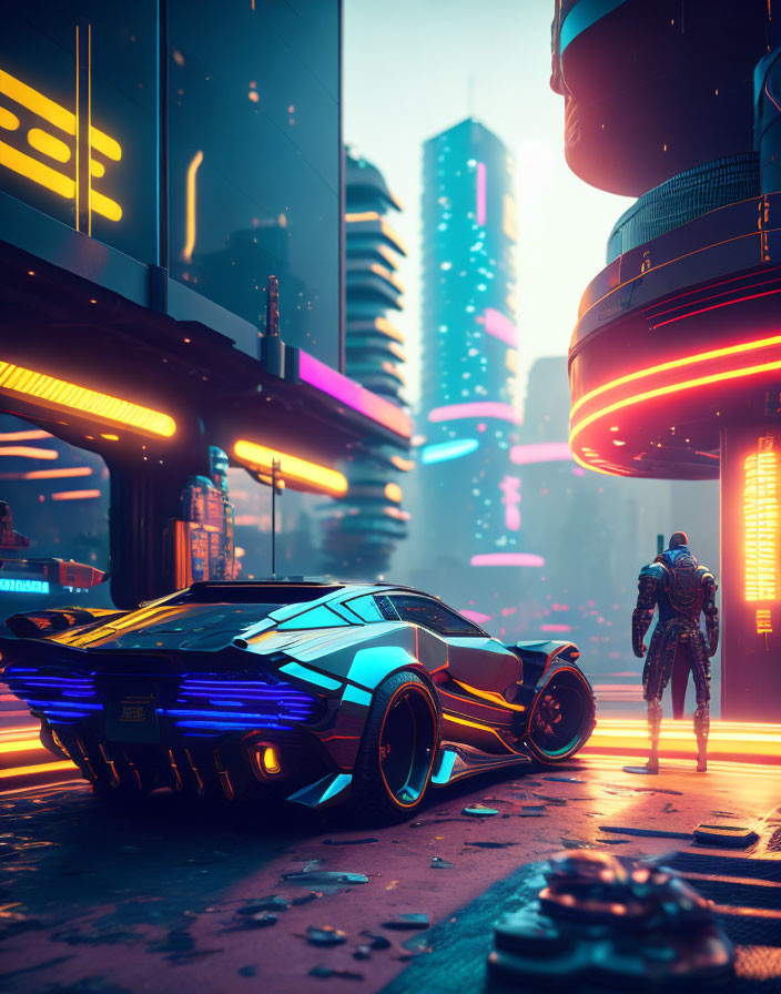 Futuristic city twilight scene with neon lights and person in advanced armor next to sleek sports car