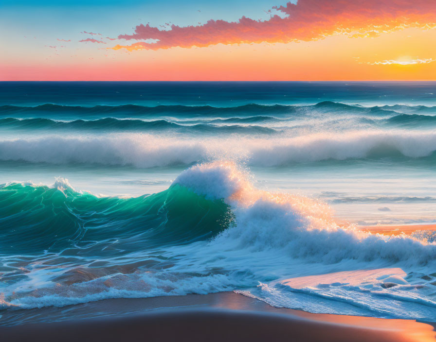 Scenic Beach Sunset: Orange and Pink Skies, Turquoise Waves