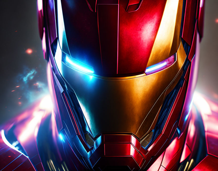Detailed Iron Man helmet with glowing eyes and red-gold armor on fiery background