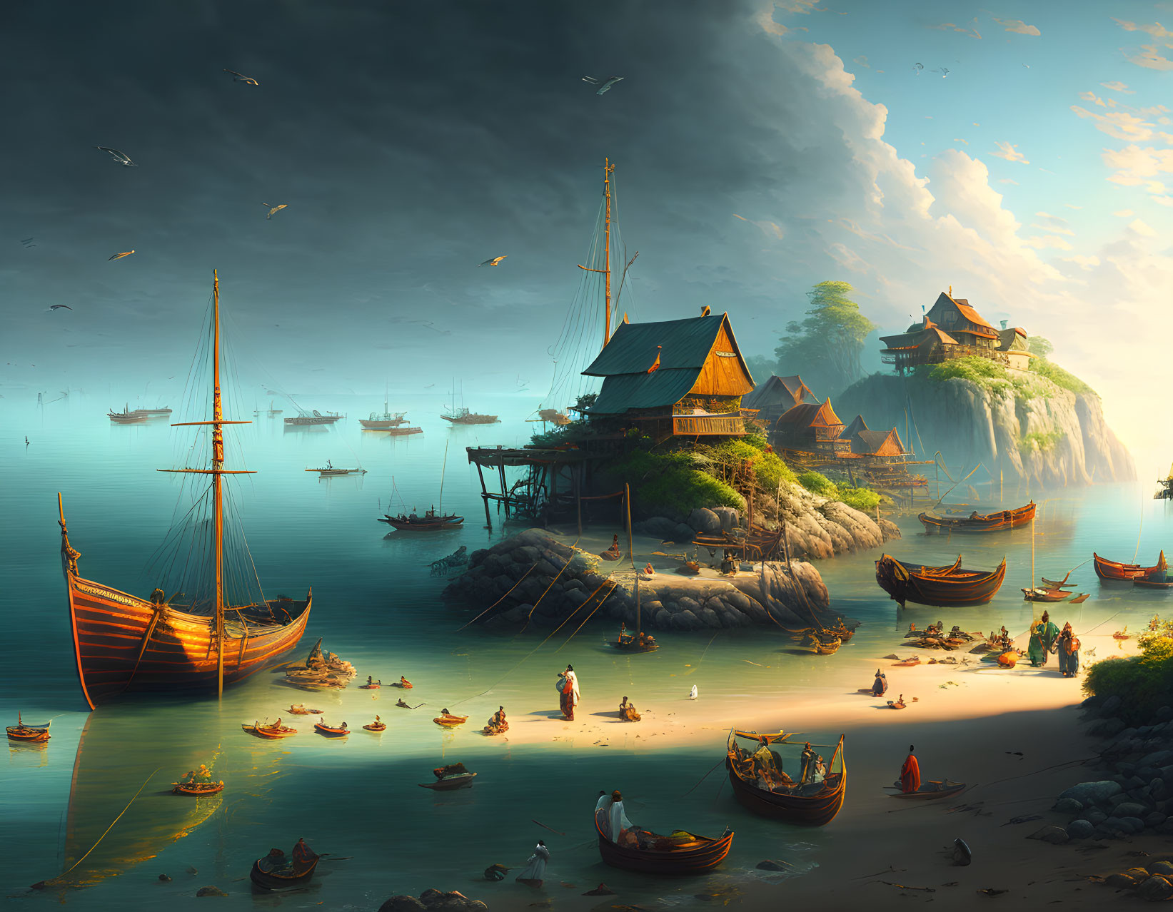 Coastal village with stilt houses, cliffs, boats, golden sky