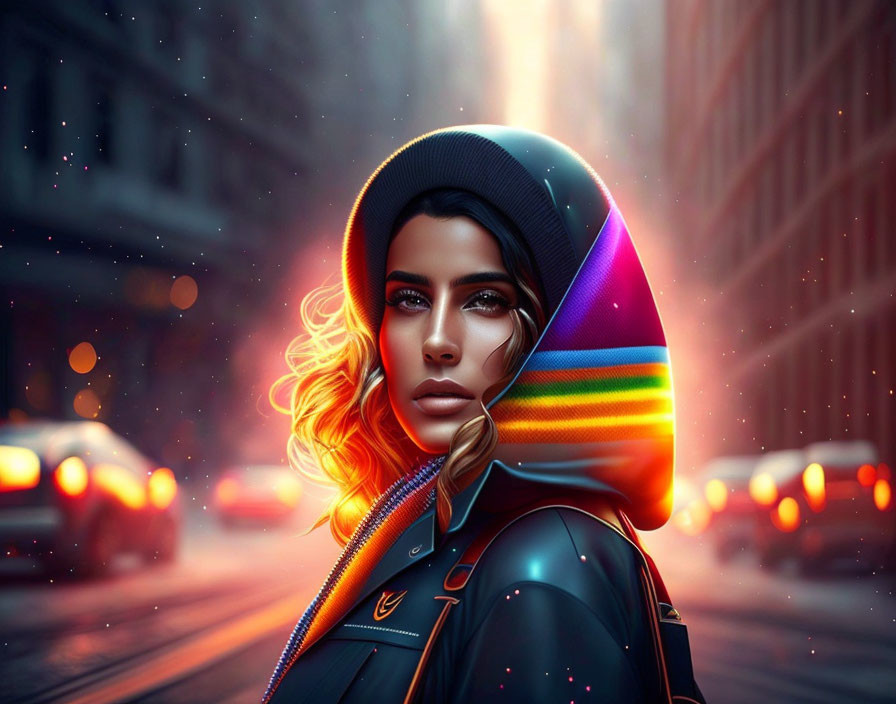 Digital artwork: Woman with glowing hair, colorful helmet, black jacket, in illuminated city street.