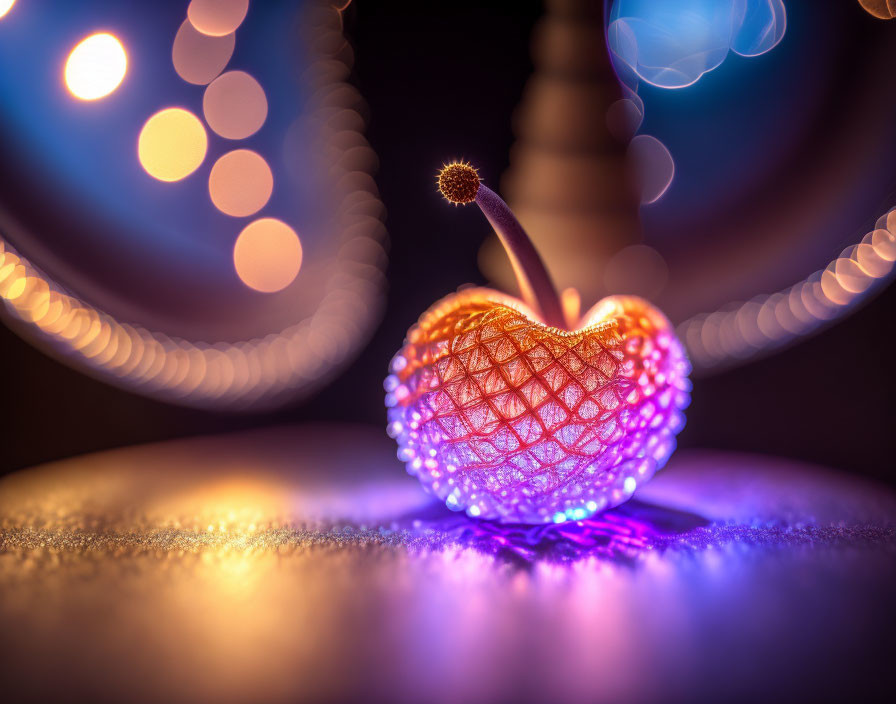 Heart-shaped luminescent object with textured surface, glowing in purple hues.